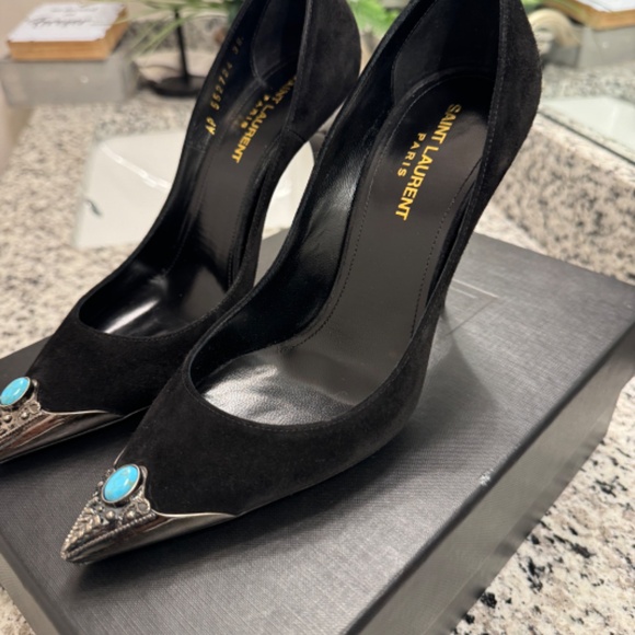 Saint Laurent Black Metal Turquoise Cap Toe Pointed Pumps. - Picture 3 of 6